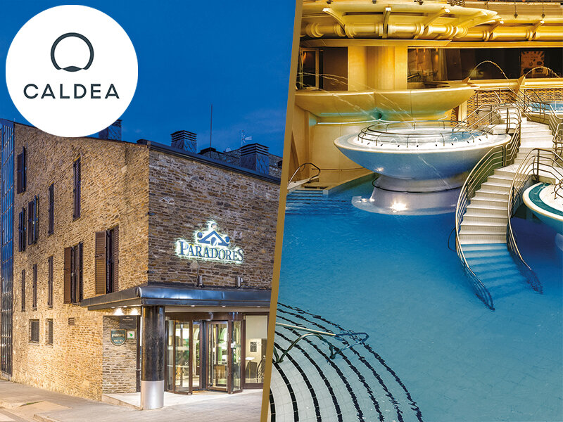 Imagen dividida con el exterior de un hotel de piedra y una piscina interior moderna.