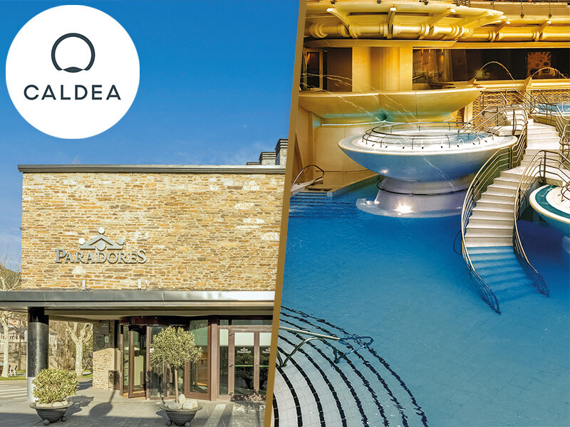 El lado izquierdo muestra el exterior del Paradores, el lado derecho un lujoso spa termal azul.