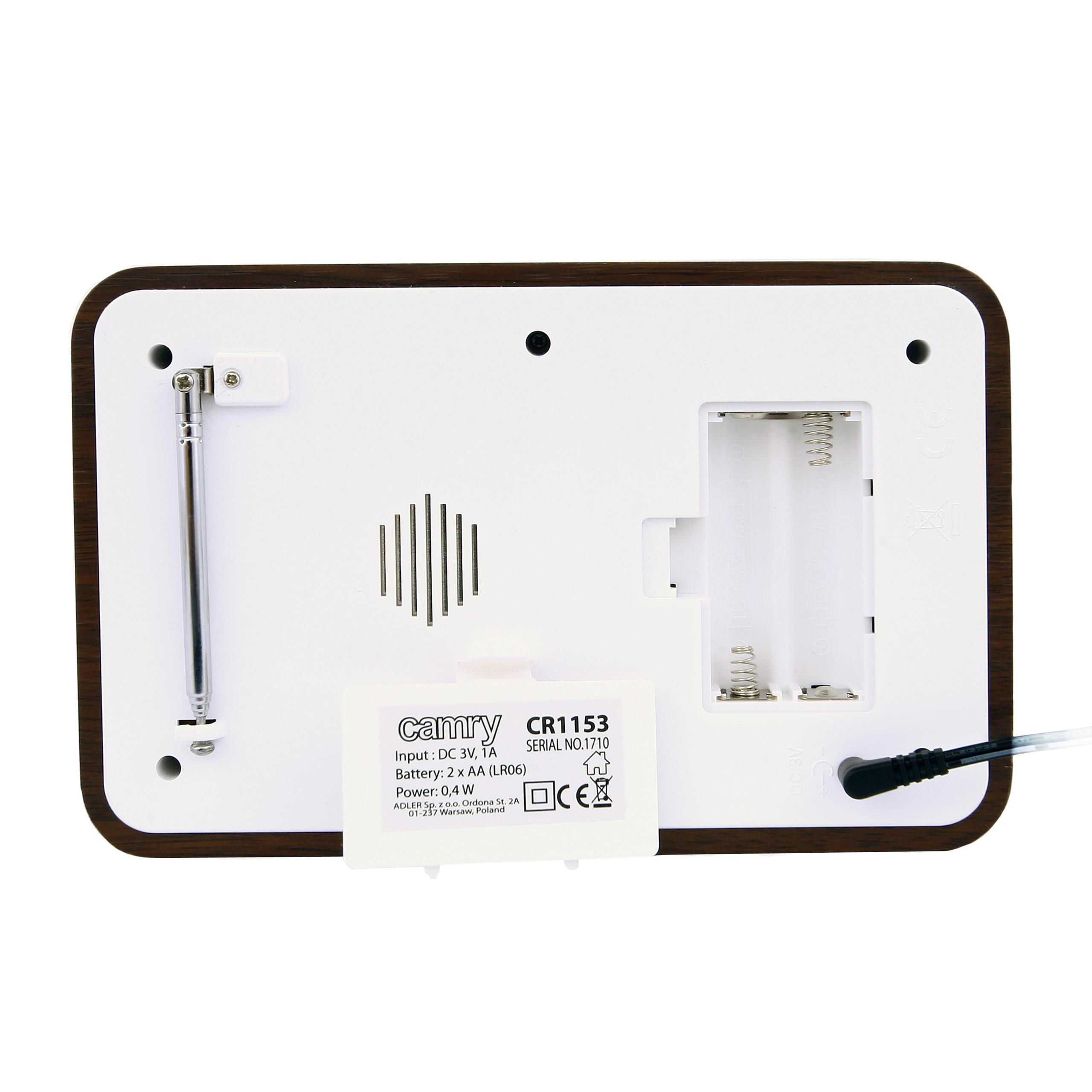 Rückansicht eines Camry CR1153 Geräts mit Antenne, Batteriefach, Etikett und Netzstecker.
