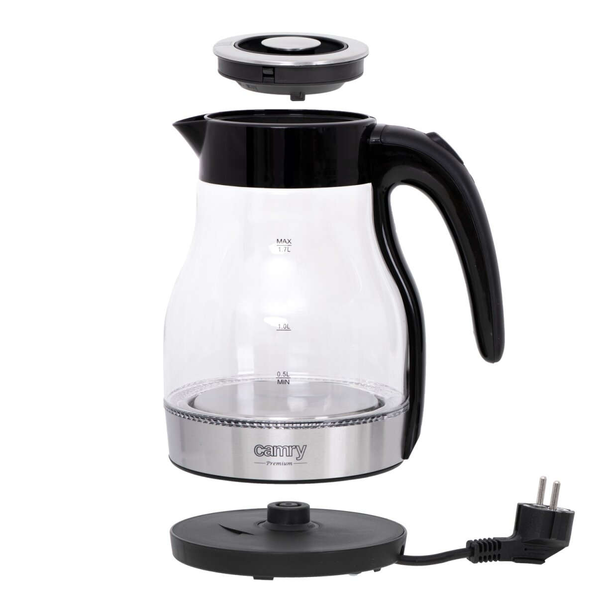 Czarno-szklany czajnik elektryczny Camry z odłączoną pokrywą, pokazany nad podstawą na białym tle.