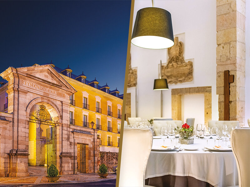Vista dividida que muestra un edificio histórico amarillo de noche a la izquierda, y un comedor elegante a la derecha.