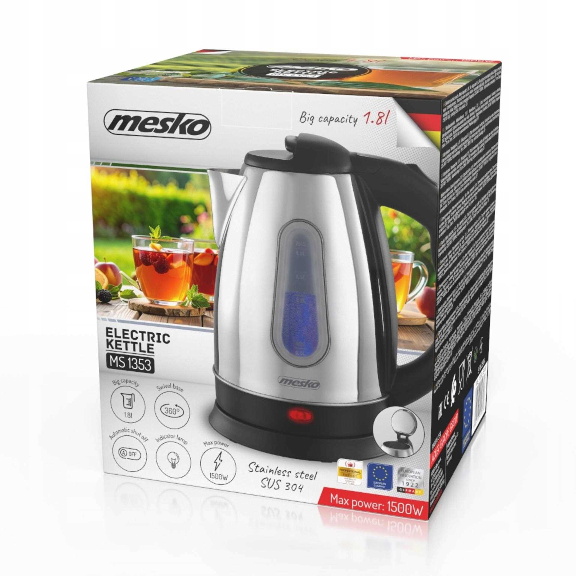 Pudełko czajnika elektrycznego ze stali nierdzewnej Mesko o pojemności 1,8 l i mocy 1500 W.