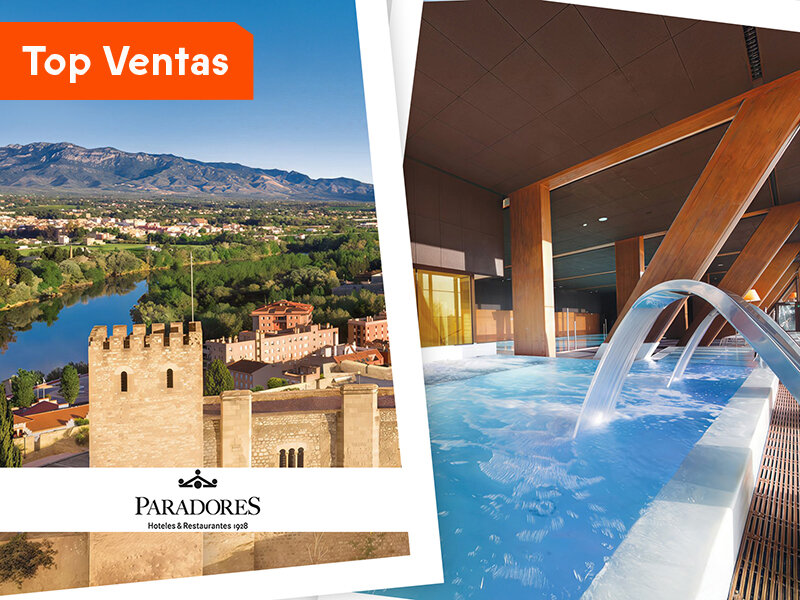 Una imagen dividida muestra un castillo de piedra medieval con montañas y un río a la izquierda, y una piscina de spa moderna a la derecha.