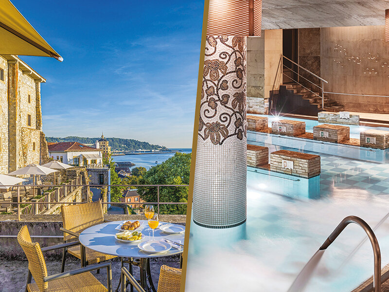 Vista dividida: A la izquierda una terraza de desayuno soleada con vistas al mar, a la derecha una piscina interior.
