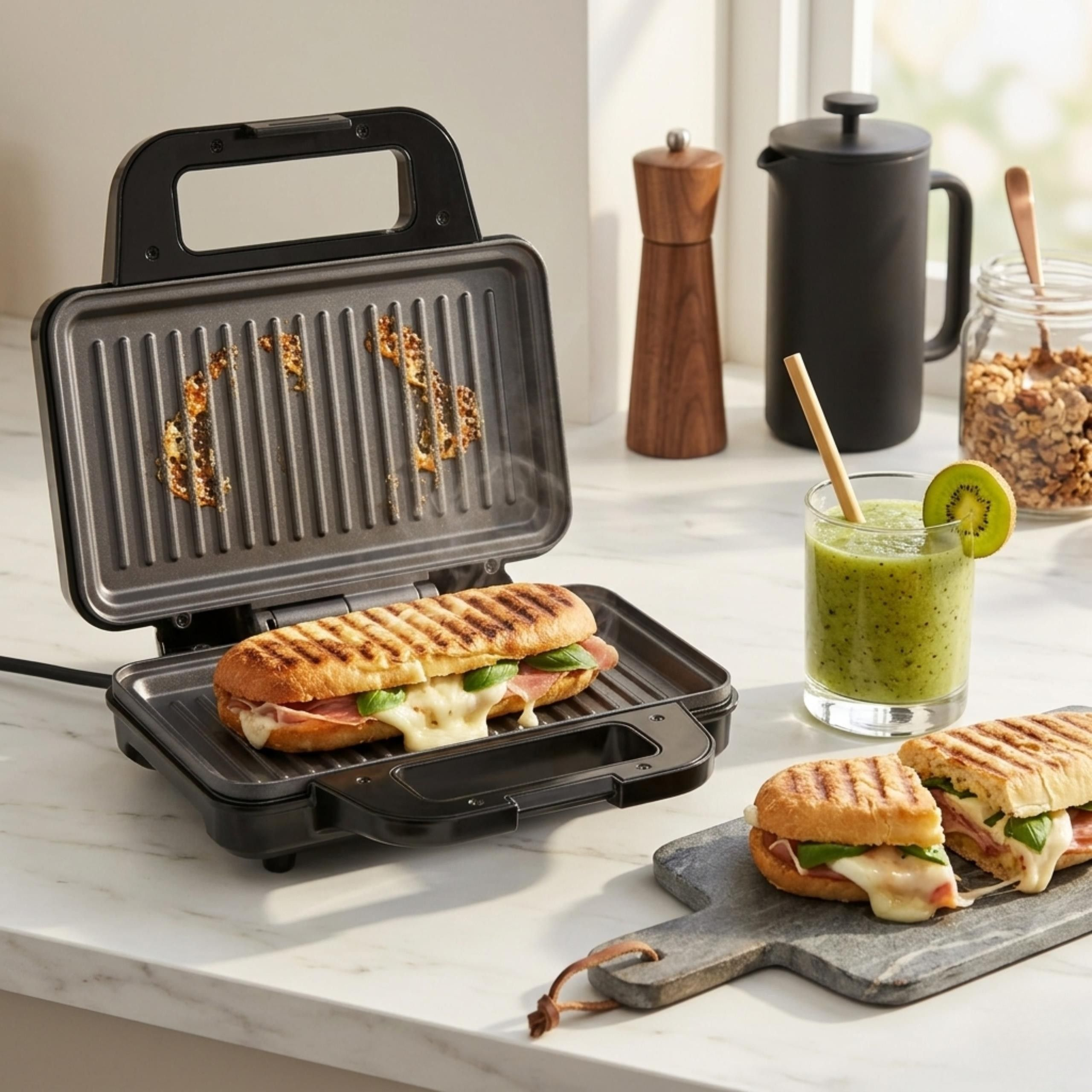 Opiekacz do panini z grillowaną kanapką, smoothie, granolą i ekspresem do kawy na blacie.