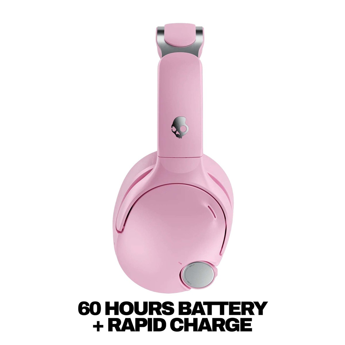 Auriculares inalámbricos de diadema rosas con logotipo y dial plateados. Texto abajo: batería de 60 horas + carga rápida.