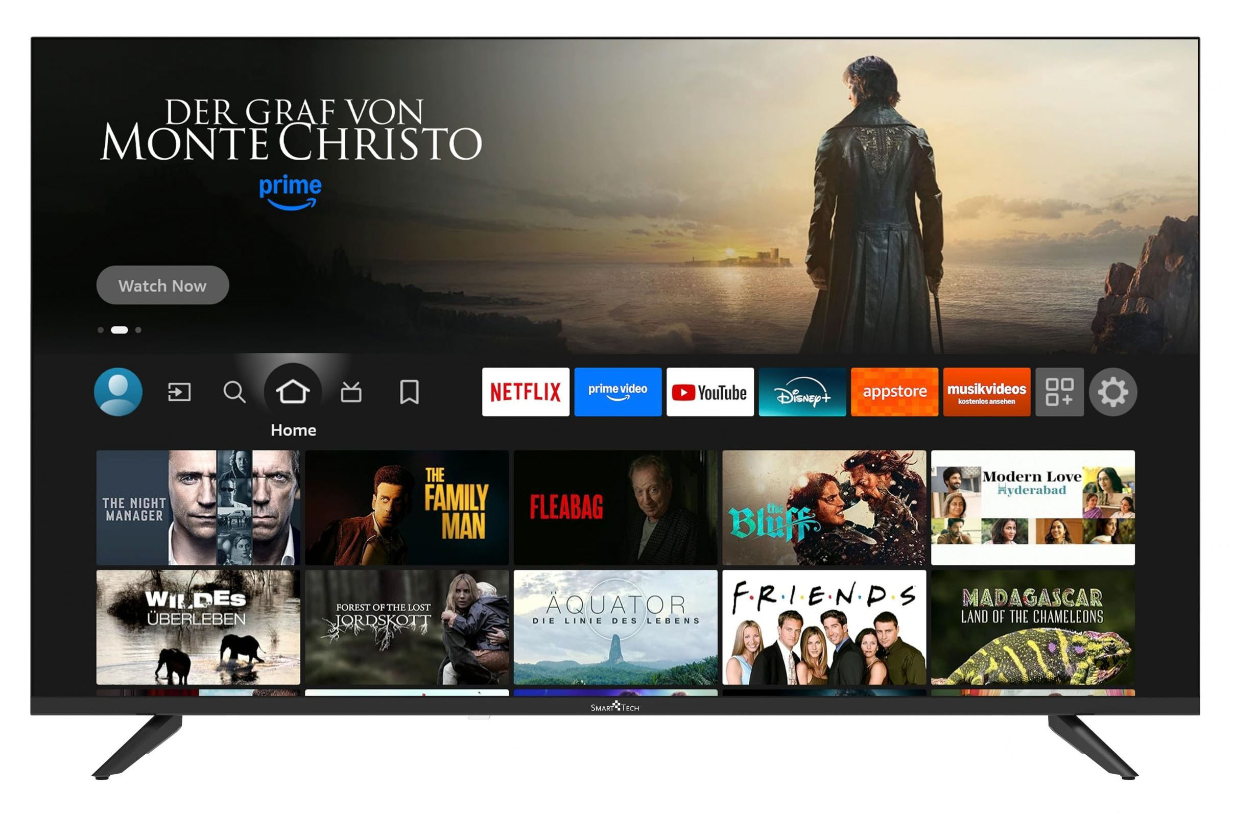Smart-TV-Bildschirm mit Prime Video-Startseite und verschiedenen Streaming-Apps und Filmen.