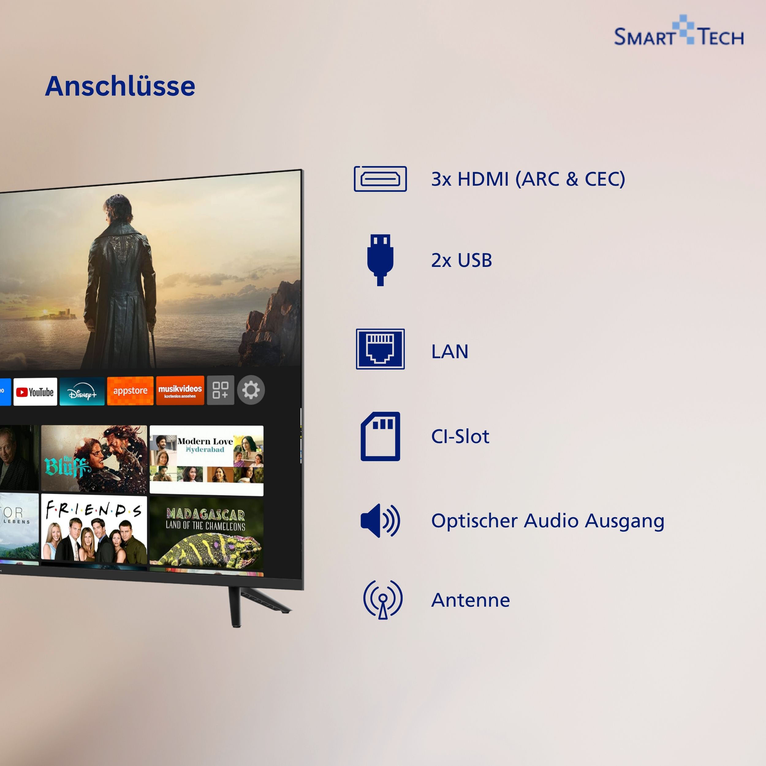 Smart Tech TV mit Apps und Anschlüssen: HDMI, USB, LAN, CI-Slot, Audio, Antenne.