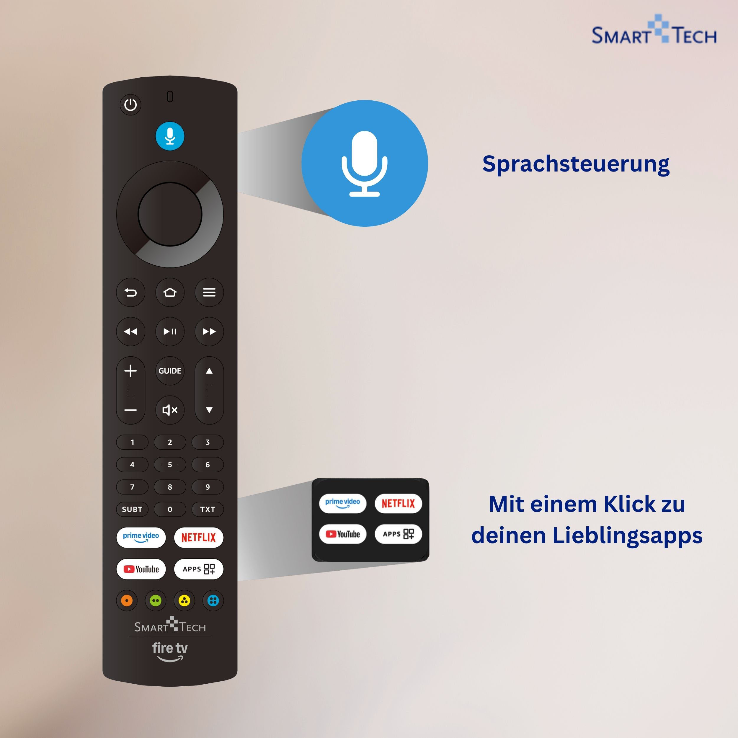 Smart Tech Fernbedienung mit Sprachsteuerung und App-Tasten.