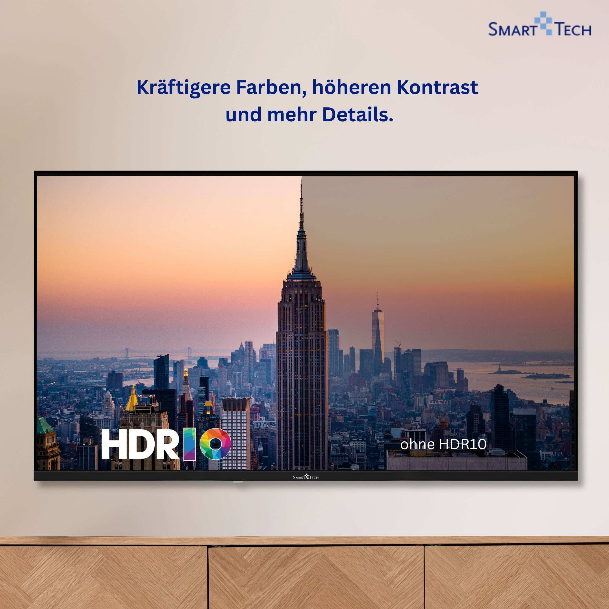 Ein Smart-Tech-Fernseher zeigt einen Stadtvergleich mit und ohne HDR10.