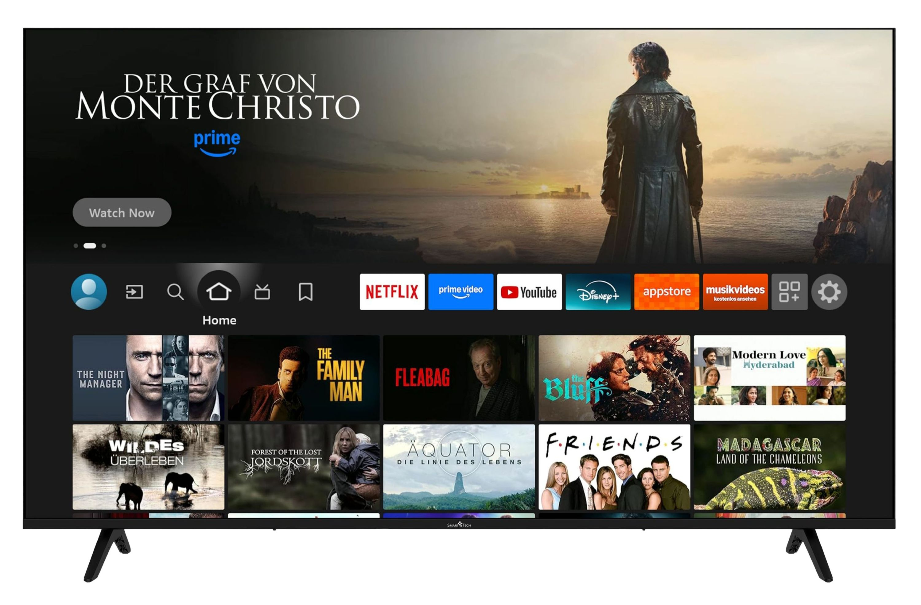 Ein Smart-TV-Bildschirm zeigt eine Streaming-Oberfläche mit Filmen und App-Symbolen.