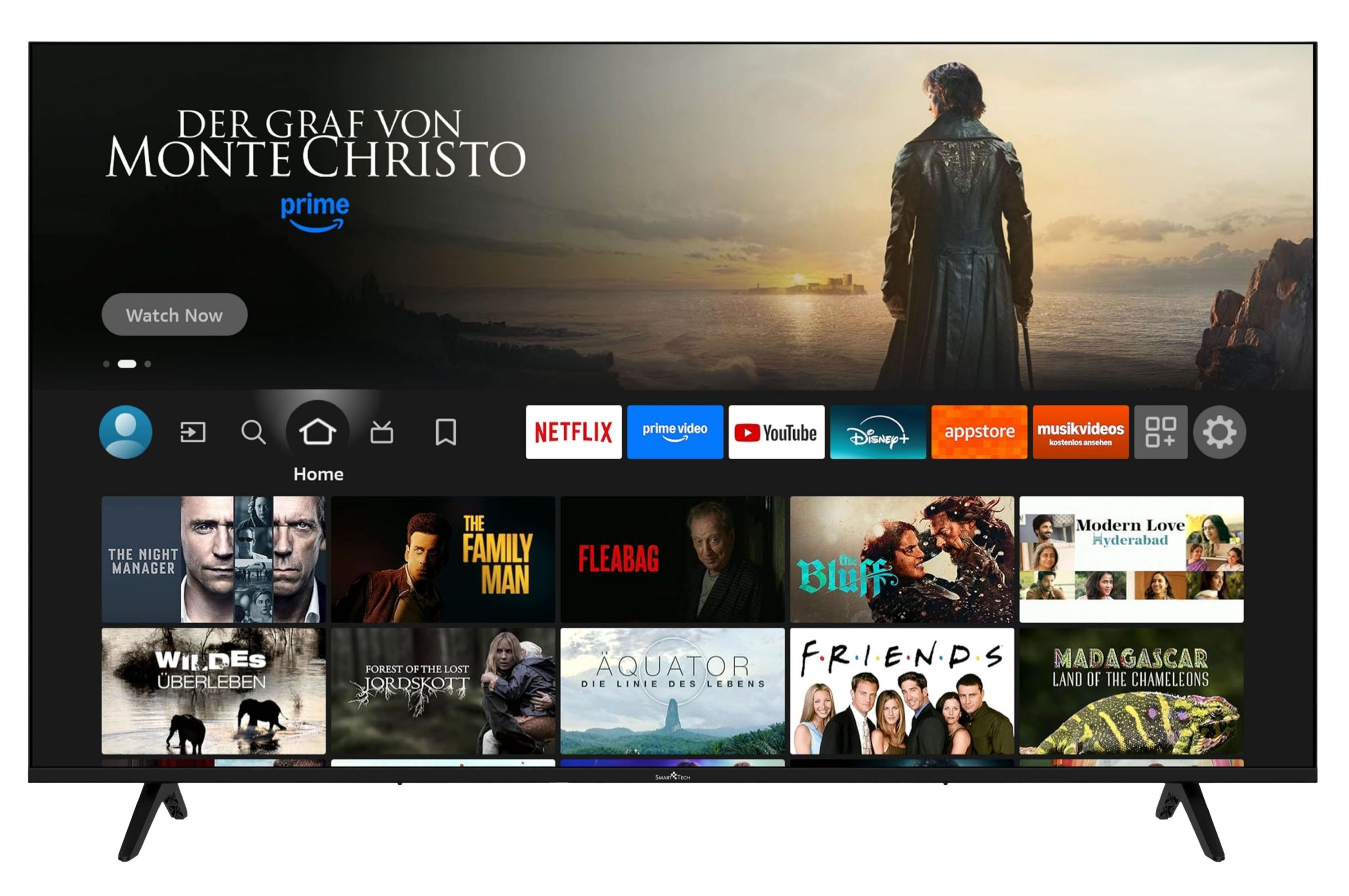 Smart-TV-Bildschirm zeigt die Startseite einer Streaming-Plattform mit verschiedenen Filmen.