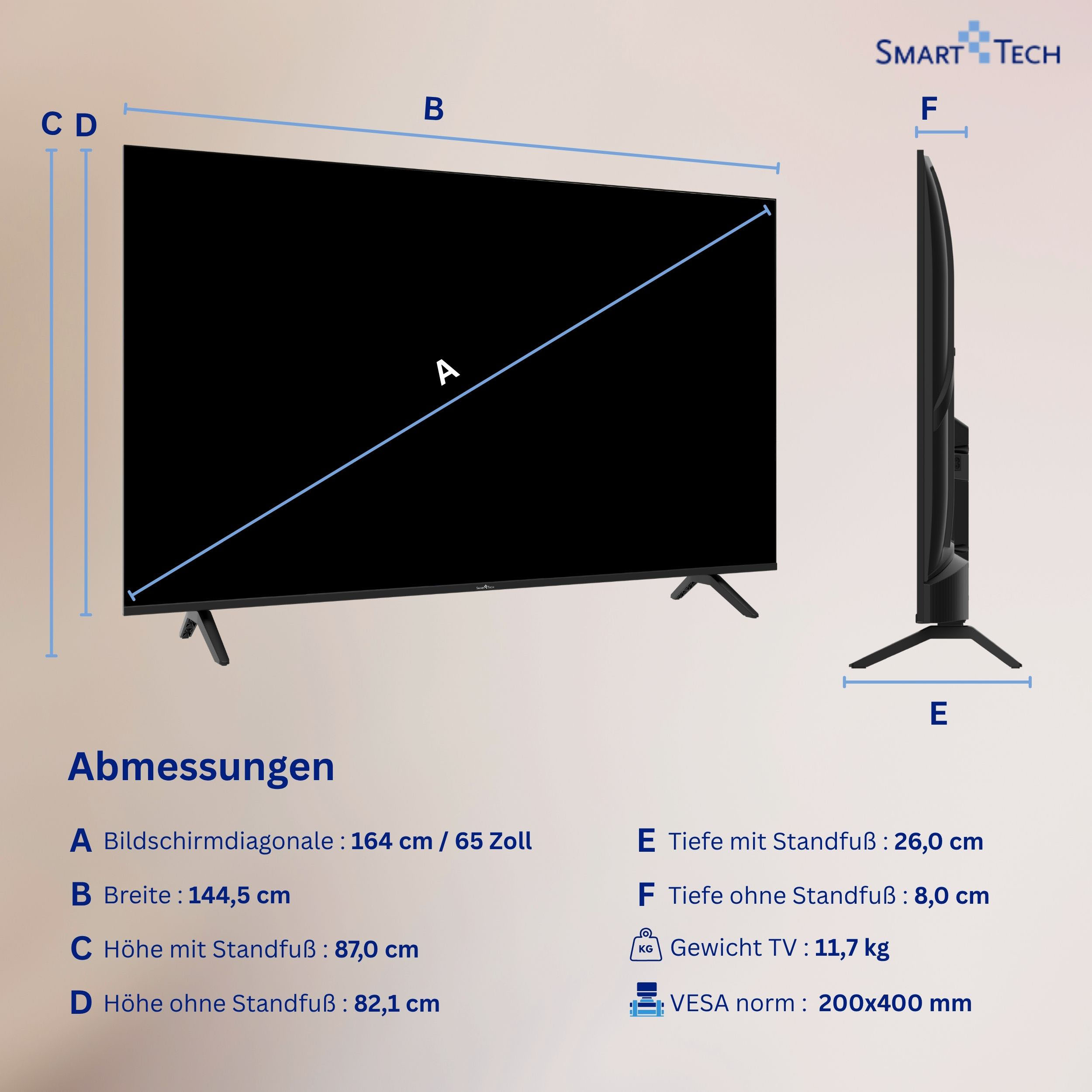 Diagramm zeigt die Abmessungen eines Smart-Tech 65-Zoll-Fernsehers mit Maßangaben für Breite, Höhe, Tiefe und Gewicht.