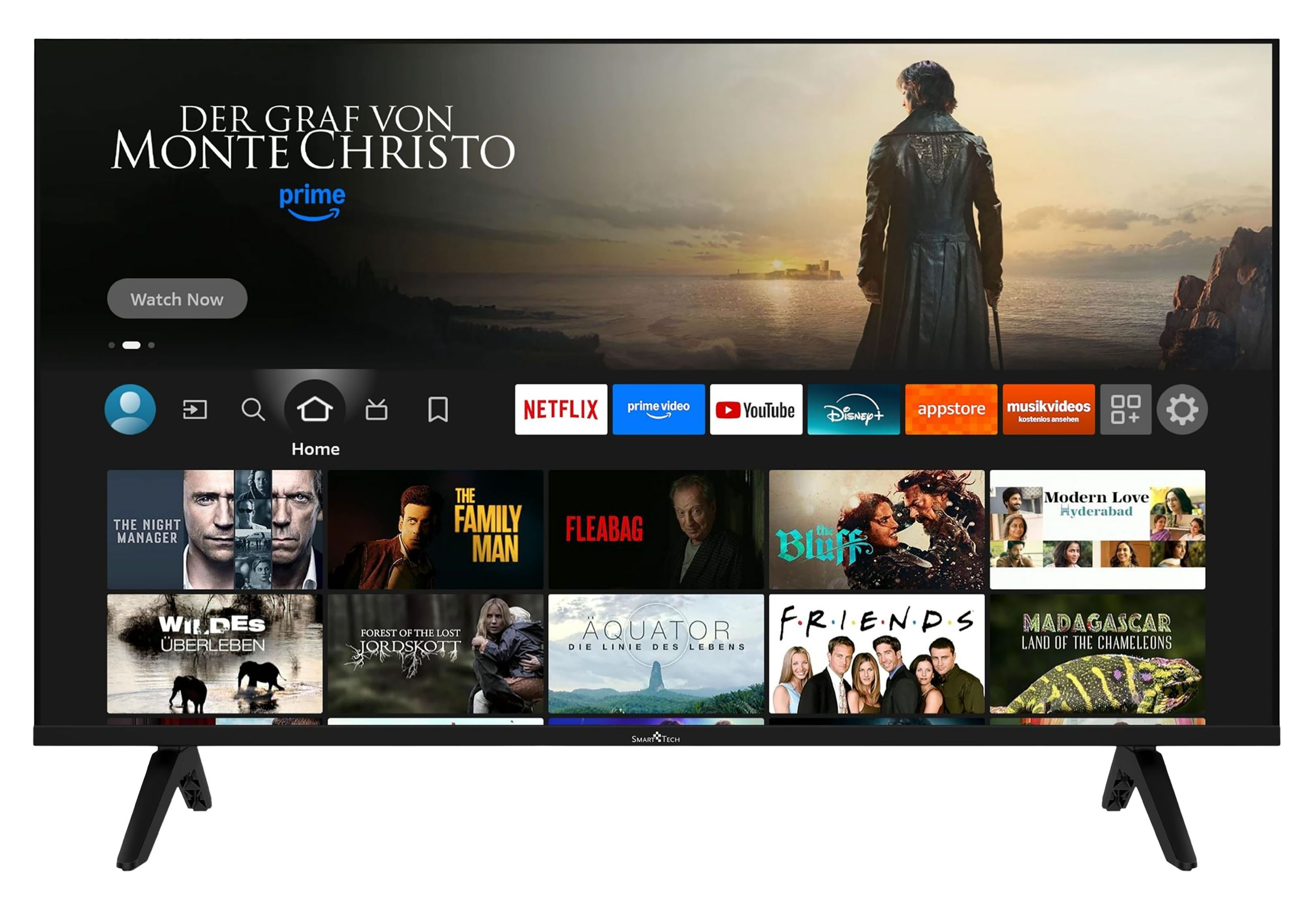 Ein Smart-TV zeigt die Benutzeroberfläche mit Streaming-Diensten und Filmpostern an.
