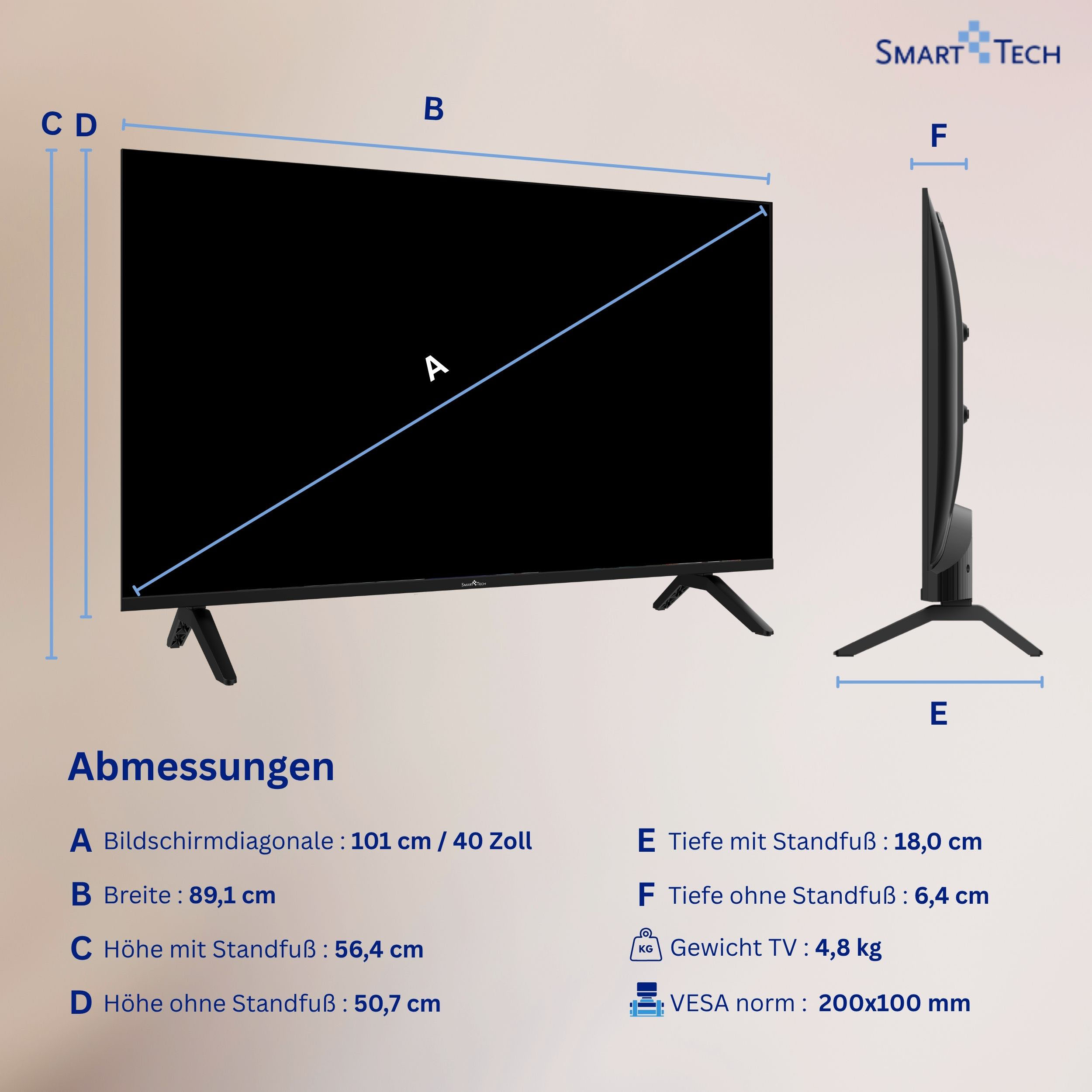 Diagramm zeigt die Abmessungen eines Smart Tech Fernsehers mit Maßen für Bildschirm, Höhe, Breite und Tiefe.
