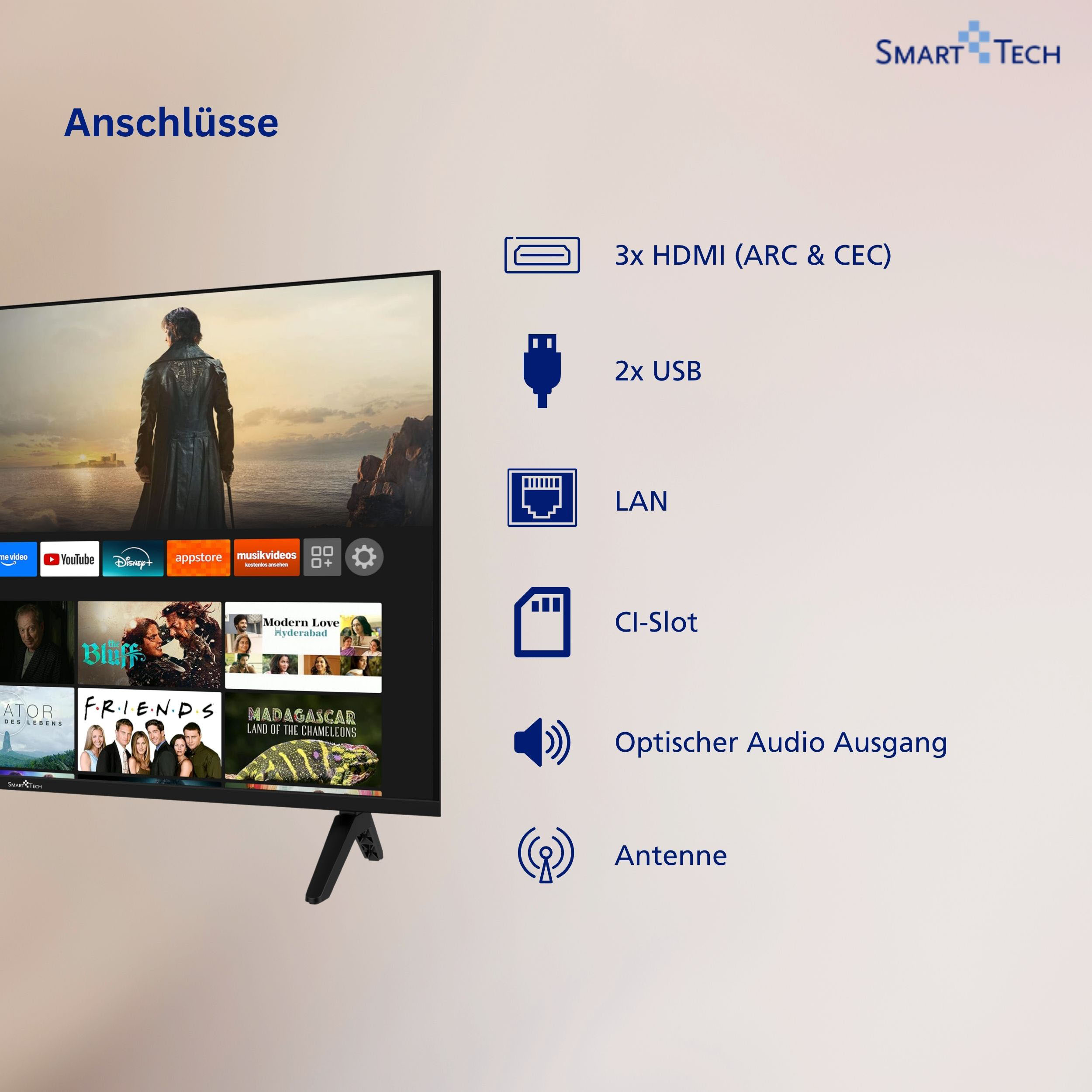 Smart Tech Fernseher mit Übersicht der Anschlüsse wie HDMI, USB, LAN, CI-Slot, optischem Ausgang und Antenne.
