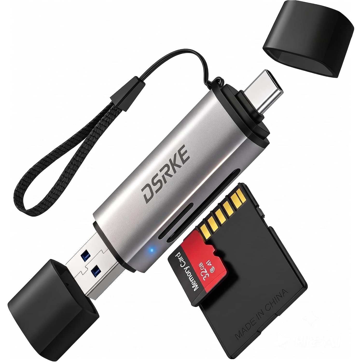 Ein silberner DSRKE USB-Kartenleser mit USB-A und USB-C Anschlüssen, einer Schlaufe und einer 32GB Speicherkarte.