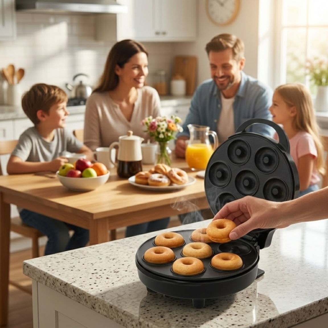 Ręka wyjmuje świeżo upieczone mini pączki z czarnej maszynki na blacie, w tle siedzi rodzina.