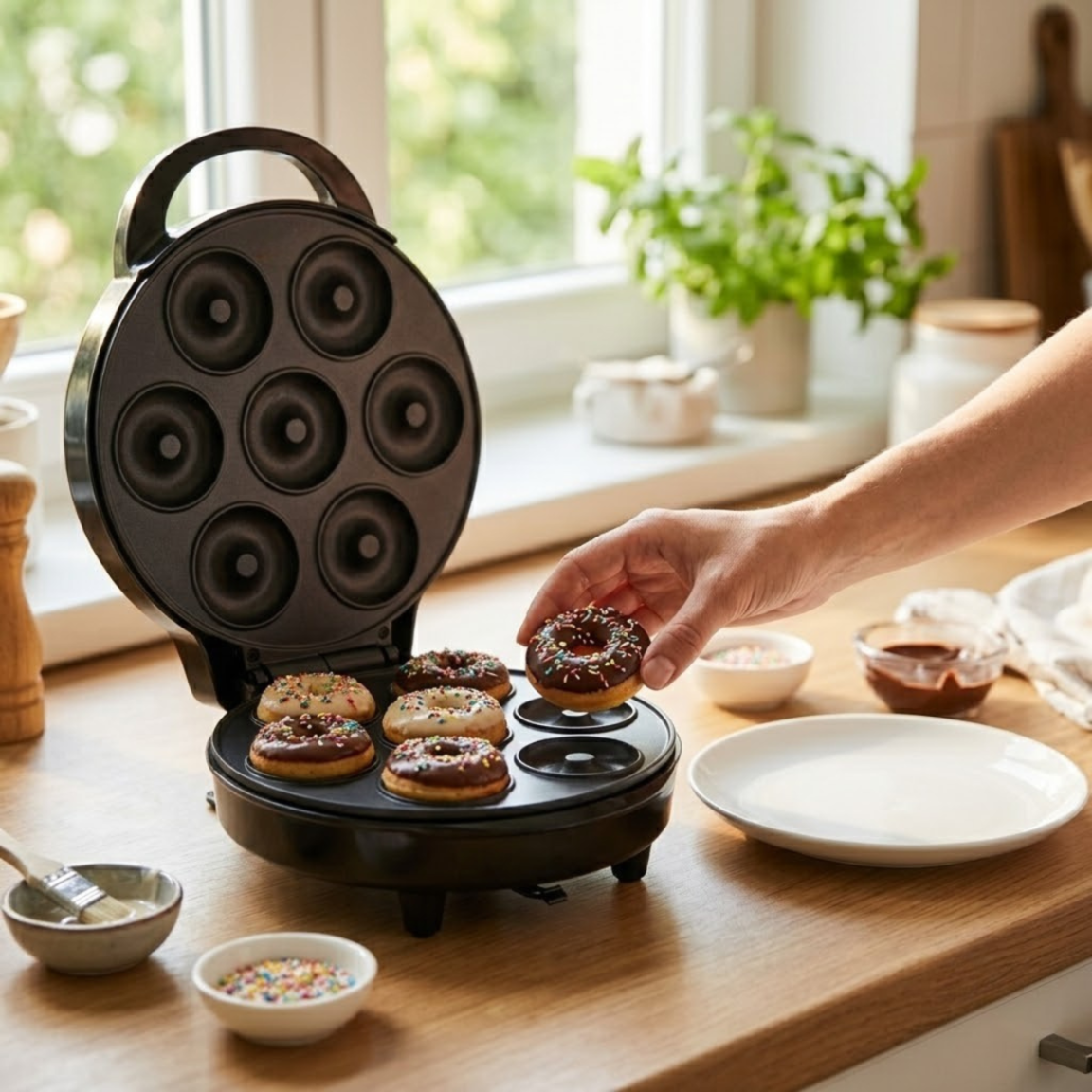 Ręka wyjmuje świeżo upieczone, polukrowane mini pączki z czarnej maszynki w kuchni.