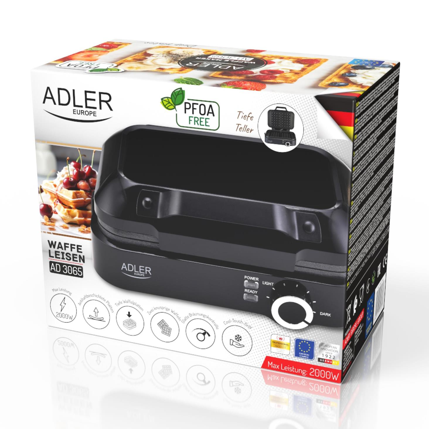 Opakowanie czarnej gofrownicy Adler ze zdjęciami gofrów i szczegółami produktu.