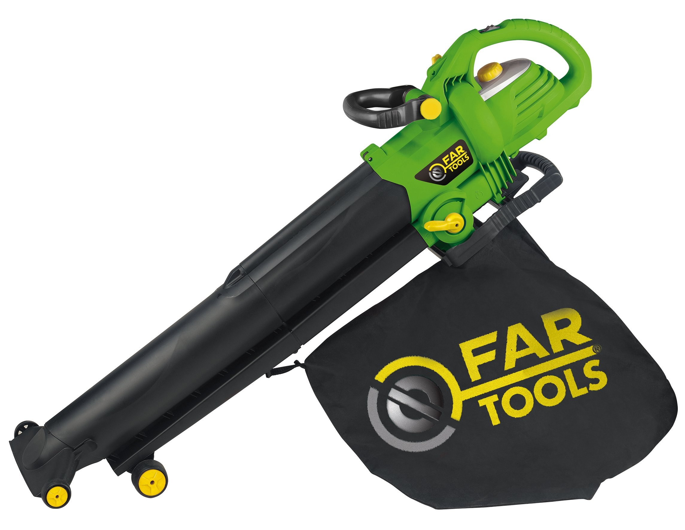 Grüner und schwarzer Far Tools Laubsauger mit schwarzem Fangbeutel auf weißem Hintergrund.