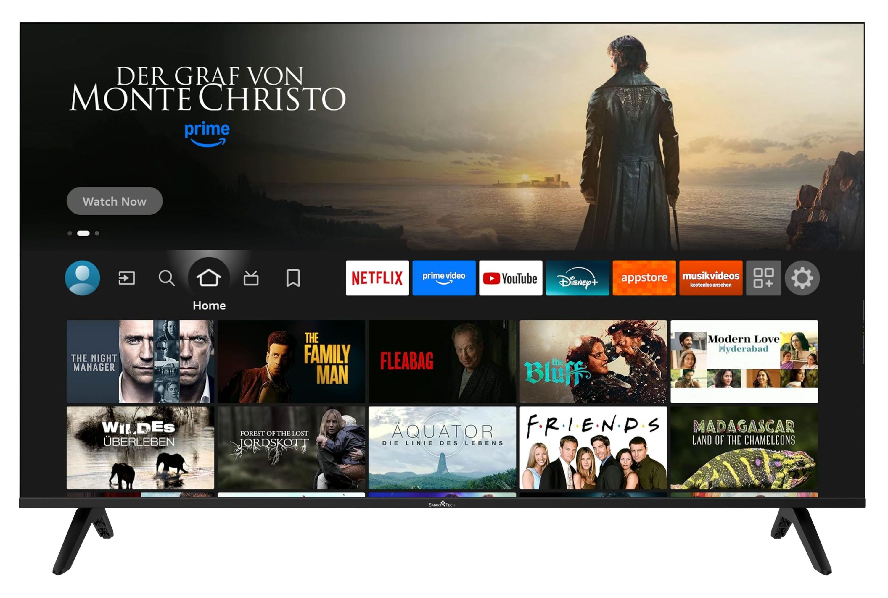 Ein Smart-TV zeigt eine Prime Video-Oberfläche mit Menüs, App-Logos und verschiedenen Film- und Serienpostern.