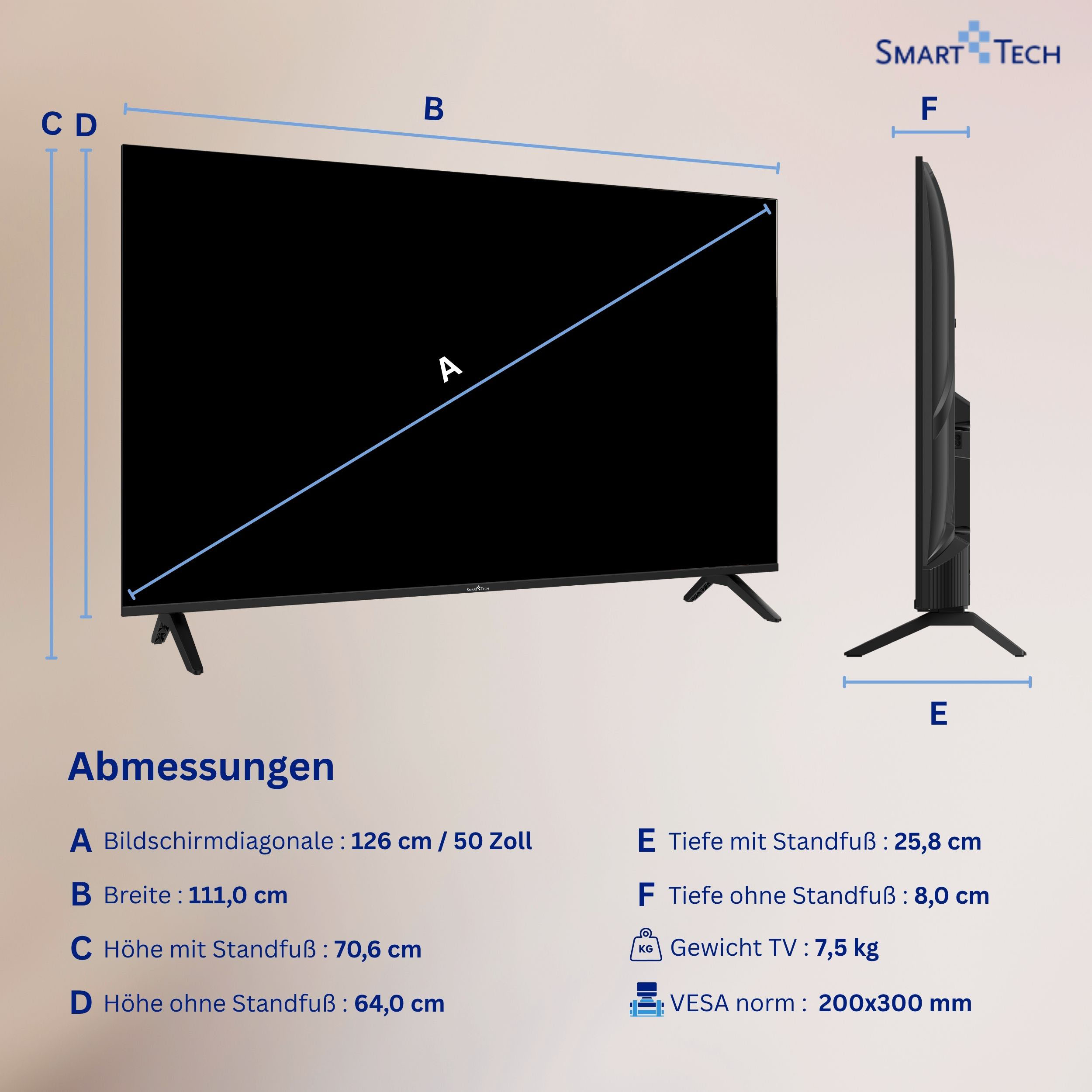 Technische Zeichnung der Abmessungen eines schwarzen Smart-Tech-Fernsehers mit Standfüßen und Maßen.