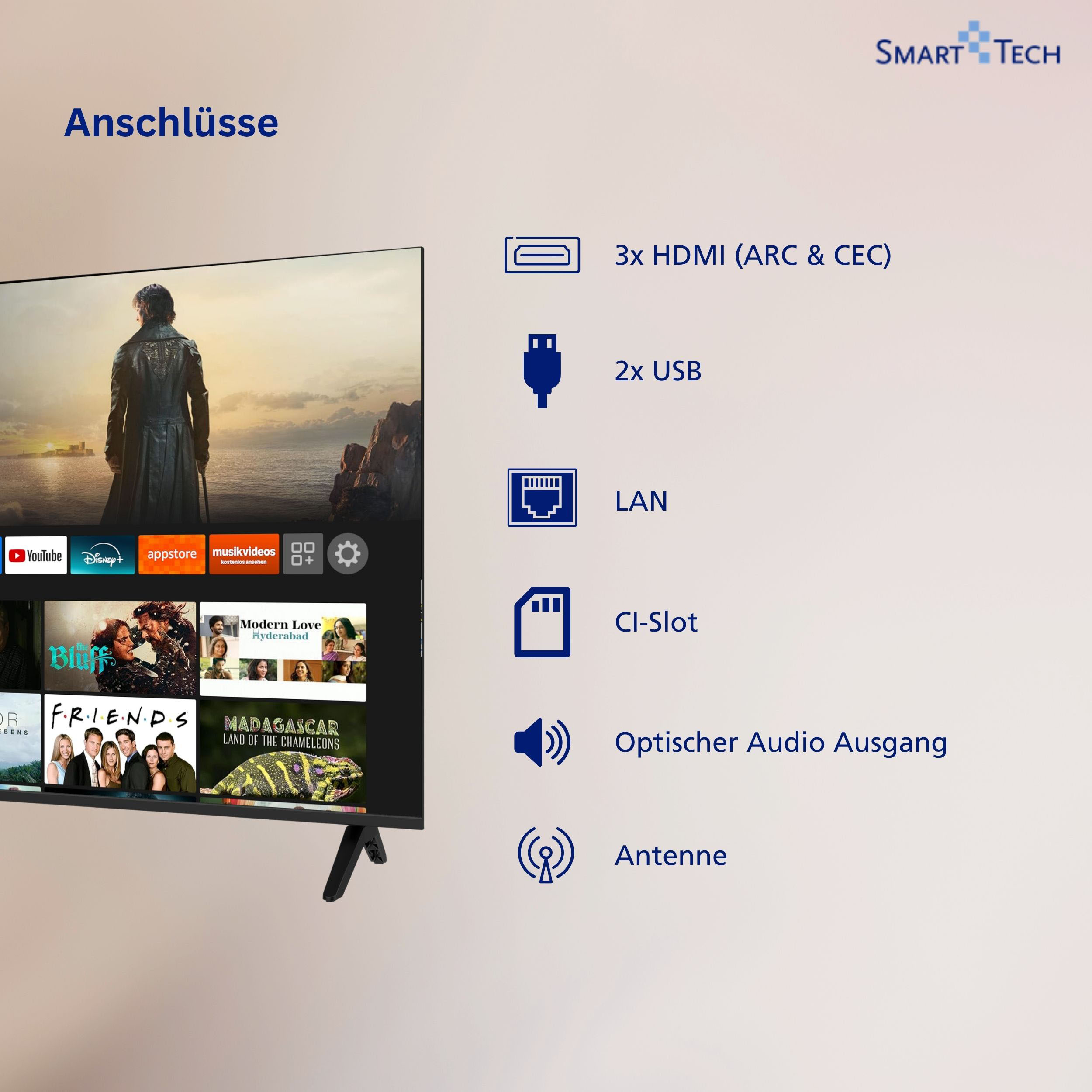 Smart Tech Fernseher mit verschiedenen Anschlüssen wie HDMI, USB, LAN, CI-Slot, optischem Audioausgang und Antenne.
