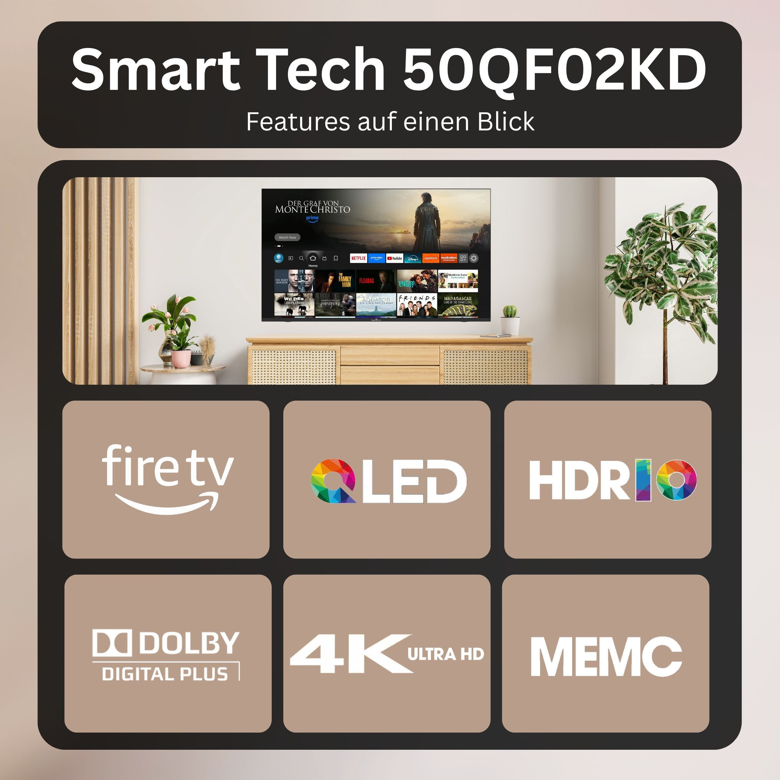 Smart Tech 50QF02KD Fernseher mit Fire TV, QLED, HDR10, Dolby Digital Plus, 4K Ultra HD und MEMC.