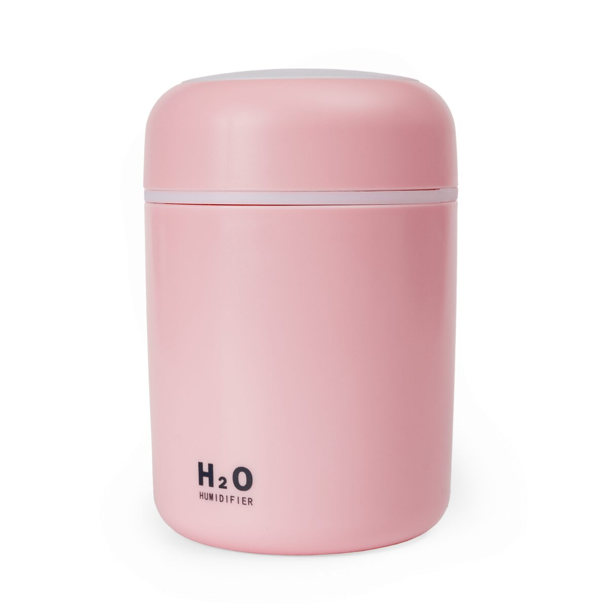 Ein zylindrischer, pinkfarbener H2O Luftbefeuchter auf weißem Hintergrund.