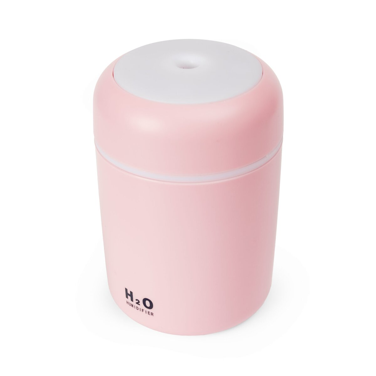 Ein rosa-weißer H2O-Luftbefeuchter steht vor einem schlichten weißen Hintergrund.