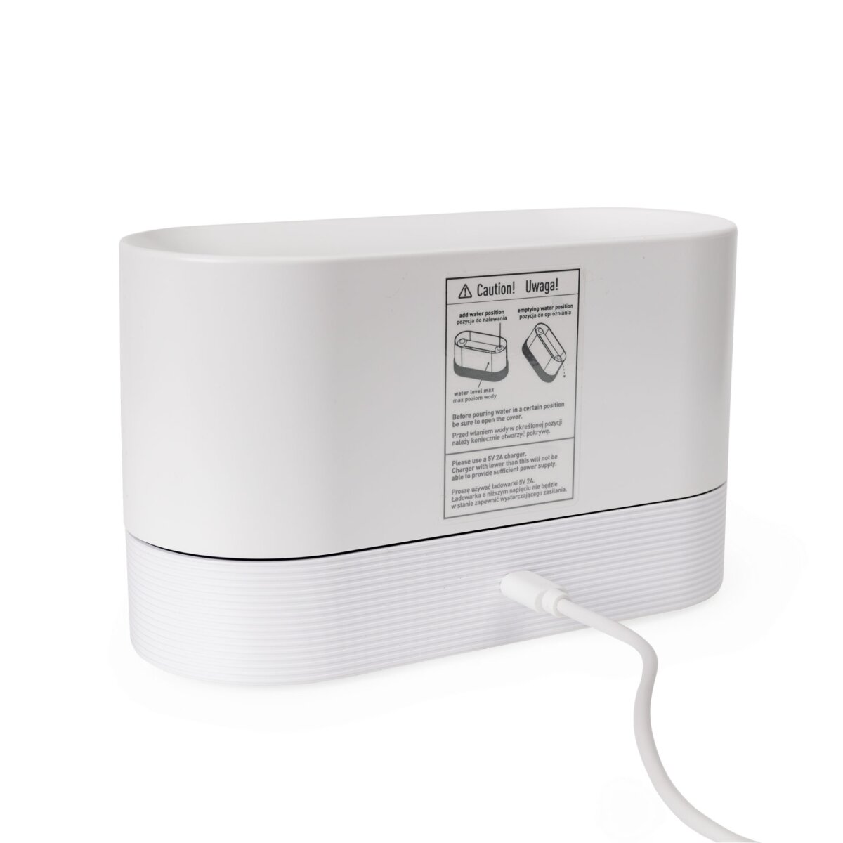 Ein weißes, längliches Gerät mit USB-Kabel und Sicherheitshinweis auf der Vorderseite vor weißem Hintergrund.