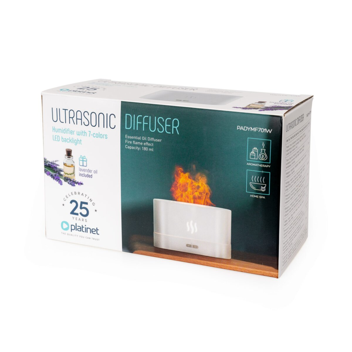 Eine Verpackung für einen Ultraschall-Diffusor mit Flammen-Effekt, LED-Beleuchtung und Lavendelöl.