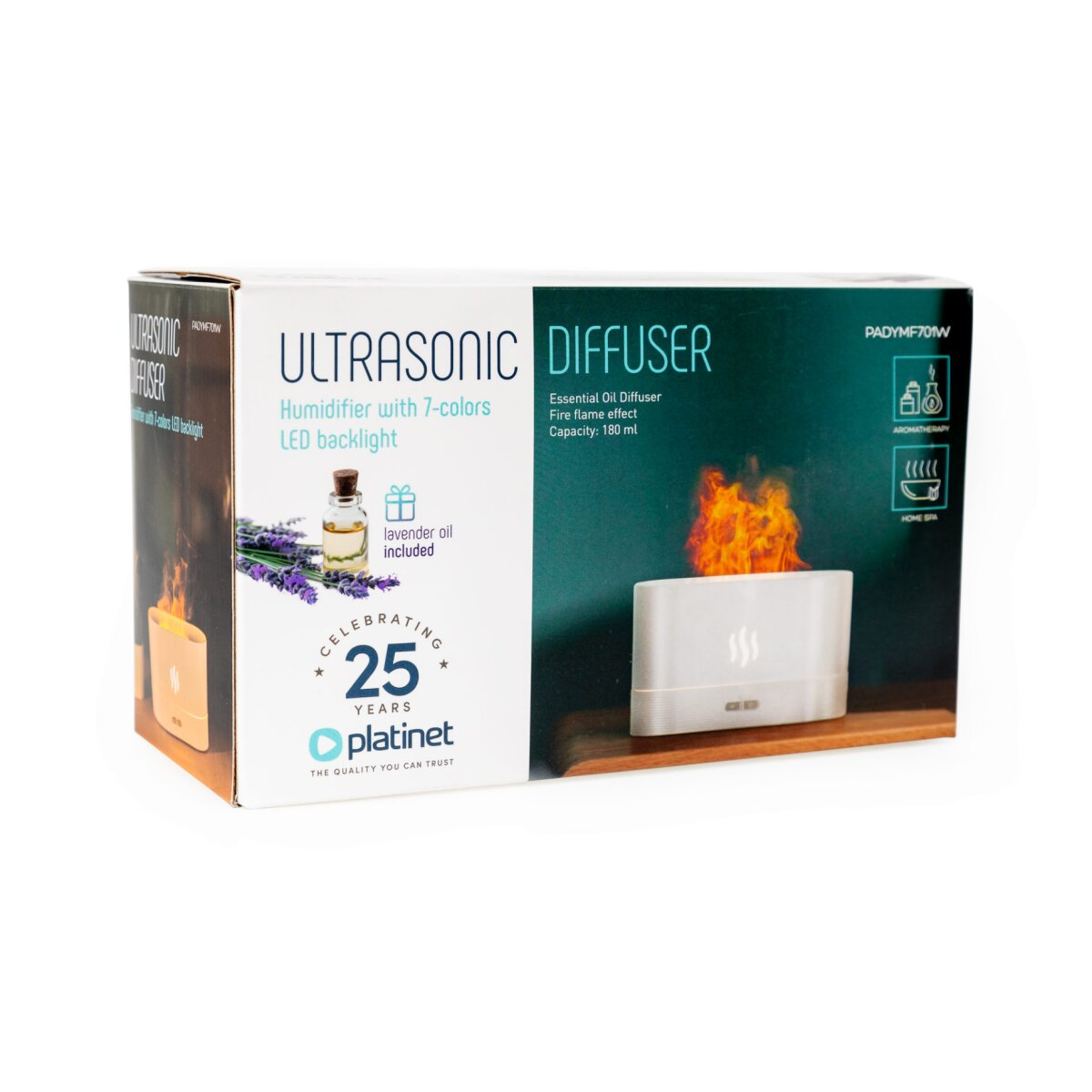 Produktverpackung eines Platinet Ultraschall-Diffusors mit Flammen-Effekt auf weißem Hintergrund.