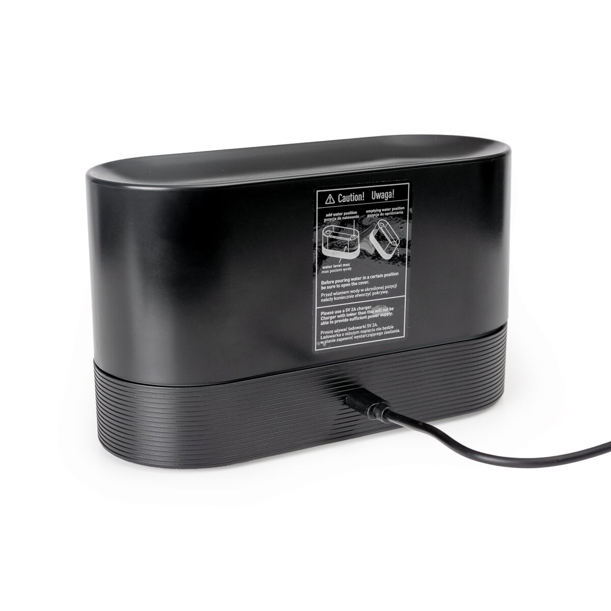 Ein schwarzes, abgerundetes elektronisches Gerät mit einem Warnaufkleber auf der Rückseite und einem angeschlossenen Kabel.