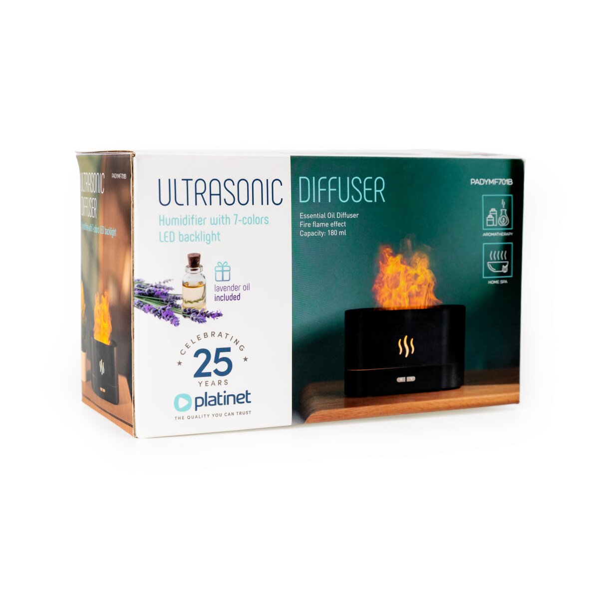 Produktverpackung eines Platinet Ultraschall-Diffusors mit Flammeneffekt und inklusivem Lavendelöl.