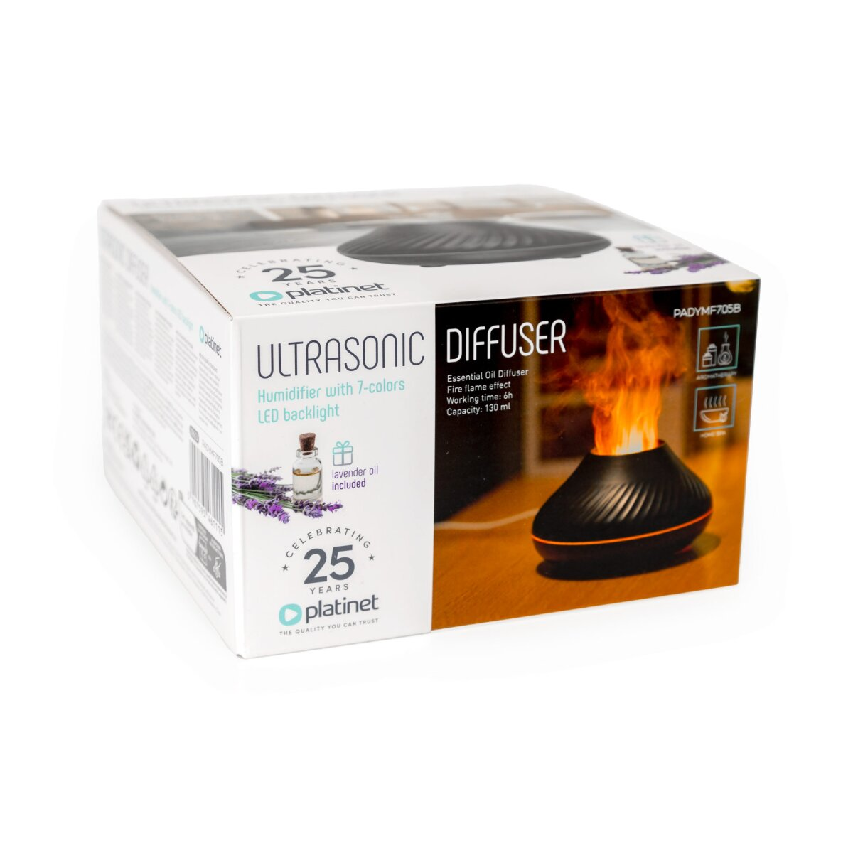 Produktverpackung für einen Platinet Ultraschall-Diffusor mit Flammeneffekt, Lavendelöl und 7-Farben-LED.