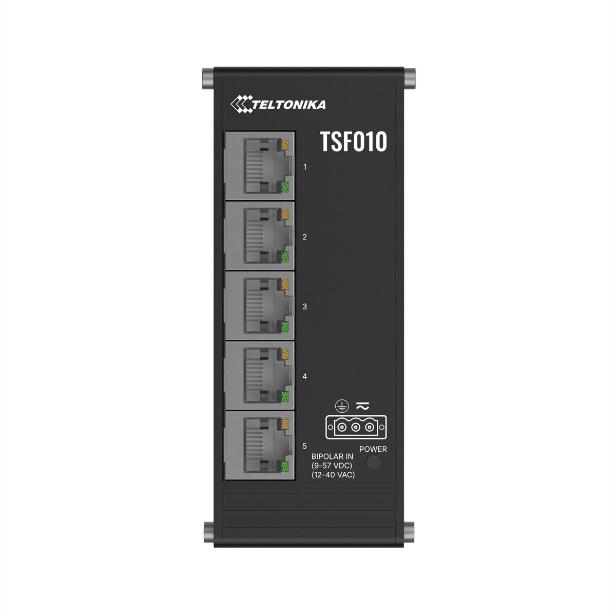 Ein schwarzer Teltonika TSF010 Network Switch mit fünf nummerierten Ethernet-Ports und Stromeingang.