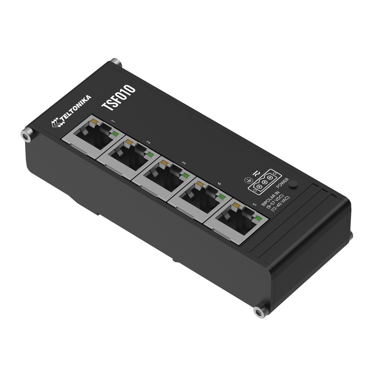 Ein schwarzer Teltonika TSF010 Netzwerk-Switch mit fünf Ethernet-Ports auf einer weißen Oberfläche.