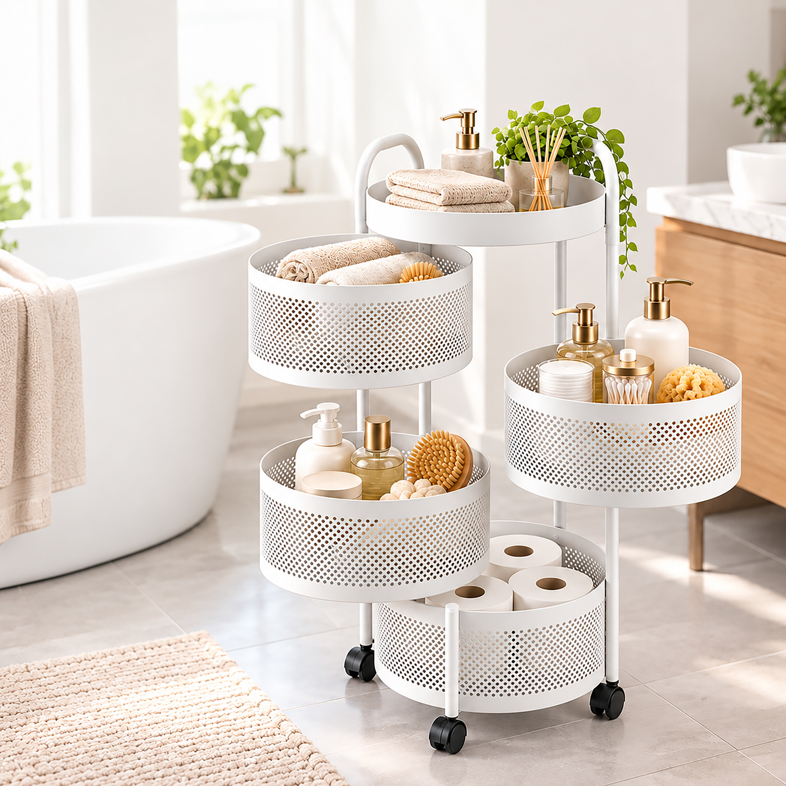 Ein weißer, mehrstöckiger Badewagen auf Rollen mit Handtüchern, Pflegeprodukten und Toilettenpapier in einem Bad.