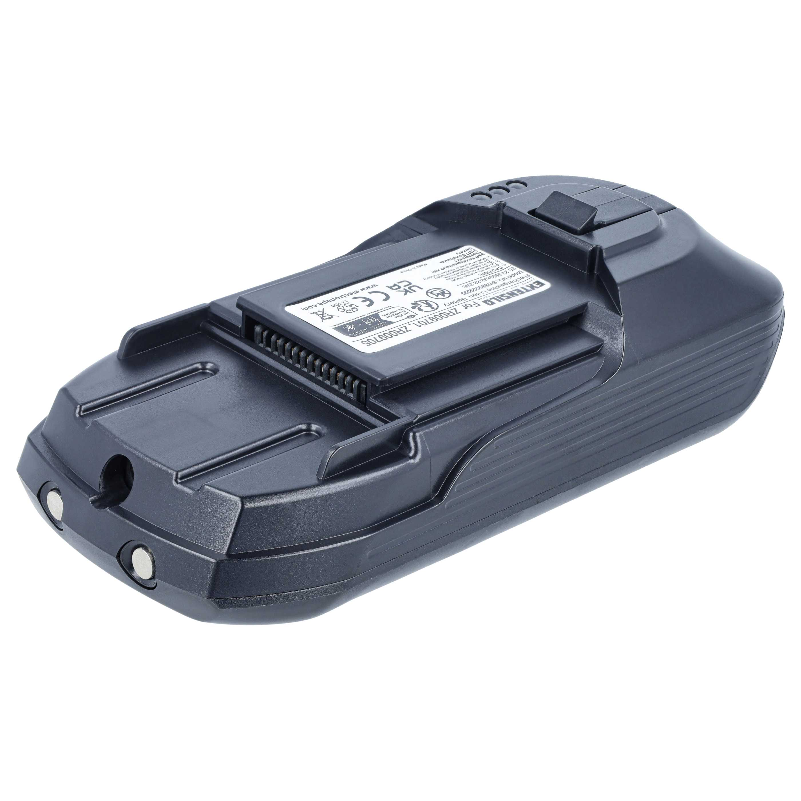 Ein schwarzer, länglicher Lithium-Ionen-Akku mit einem Typenschild und Kontakten an der Unterseite auf weißem Grund.