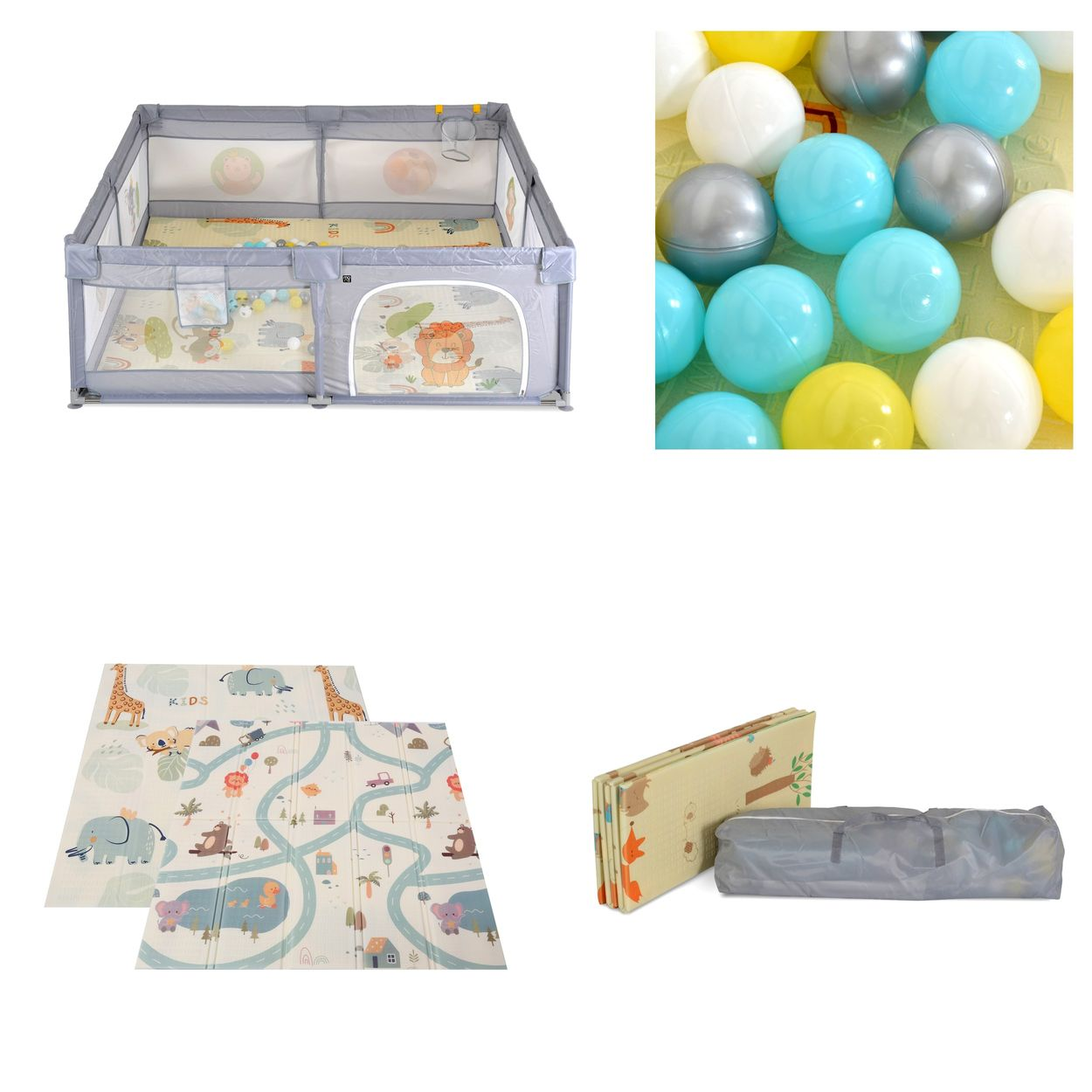 Ein grauer Laufstall, bunte Spielbälle, eine Tiermatte und eine Tasche.