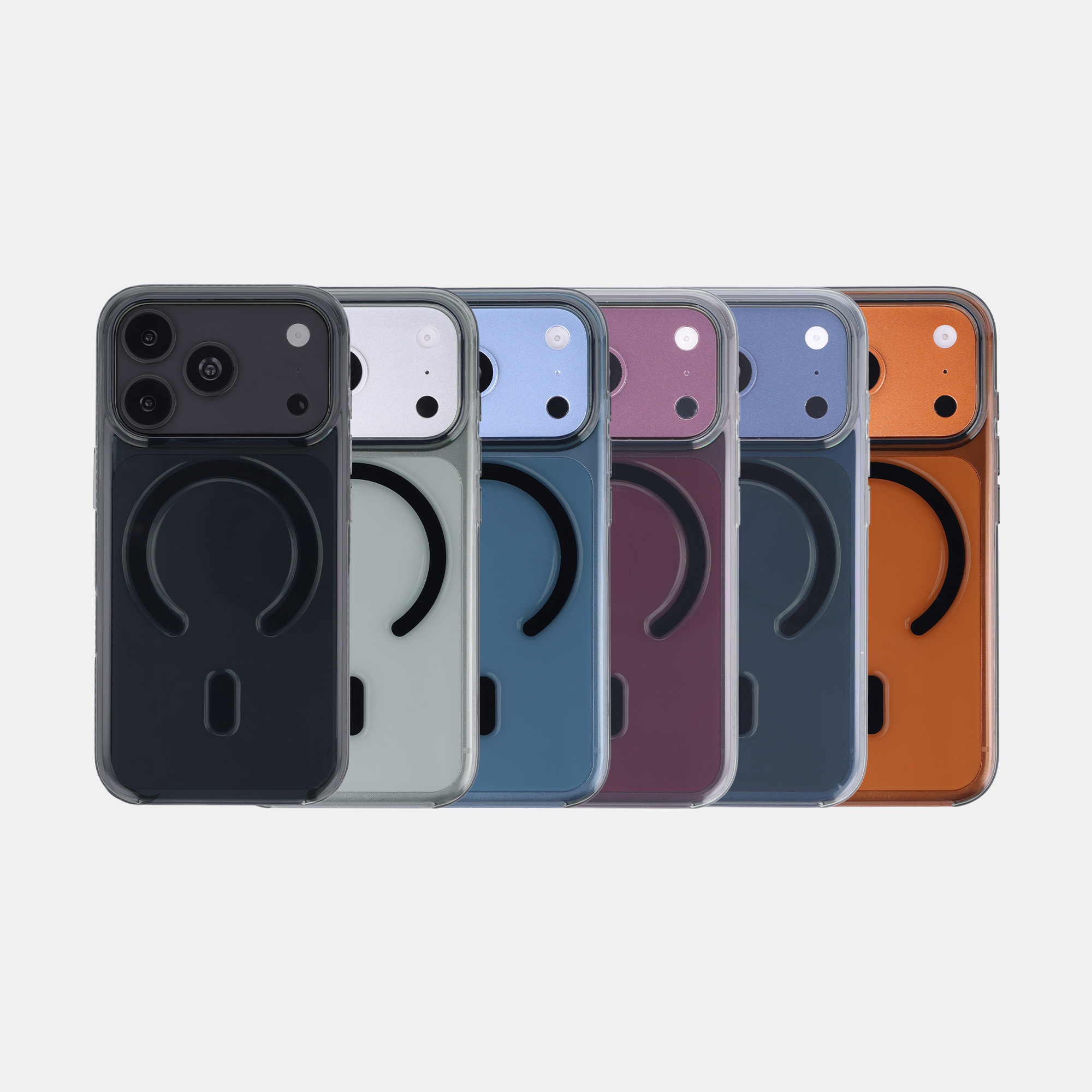 Sechs Smartphones mit transparenten Hüllen in Schwarz, Silber, Blau, Lila, Grau und Orange nebeneinander.