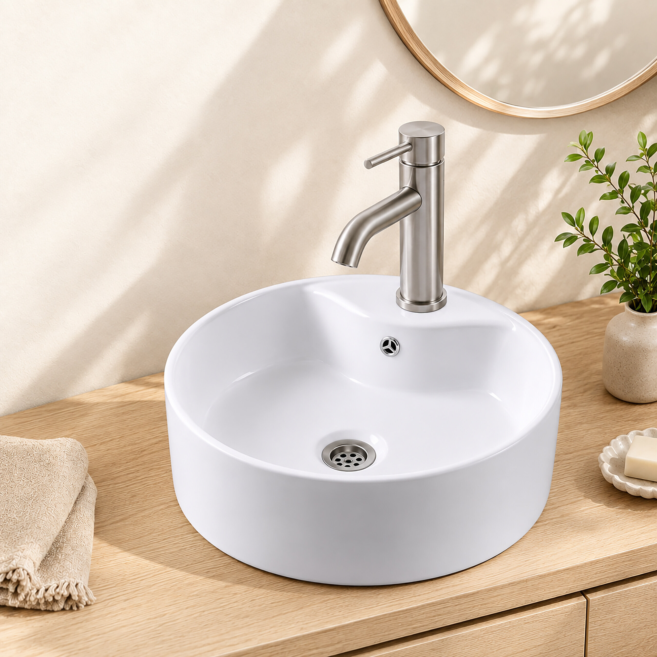 Ein weißes, rundes Waschbecken mit einem matten Wasserhahn steht auf einer Holzplatte, daneben ein Handtuch und eine Pflanze.