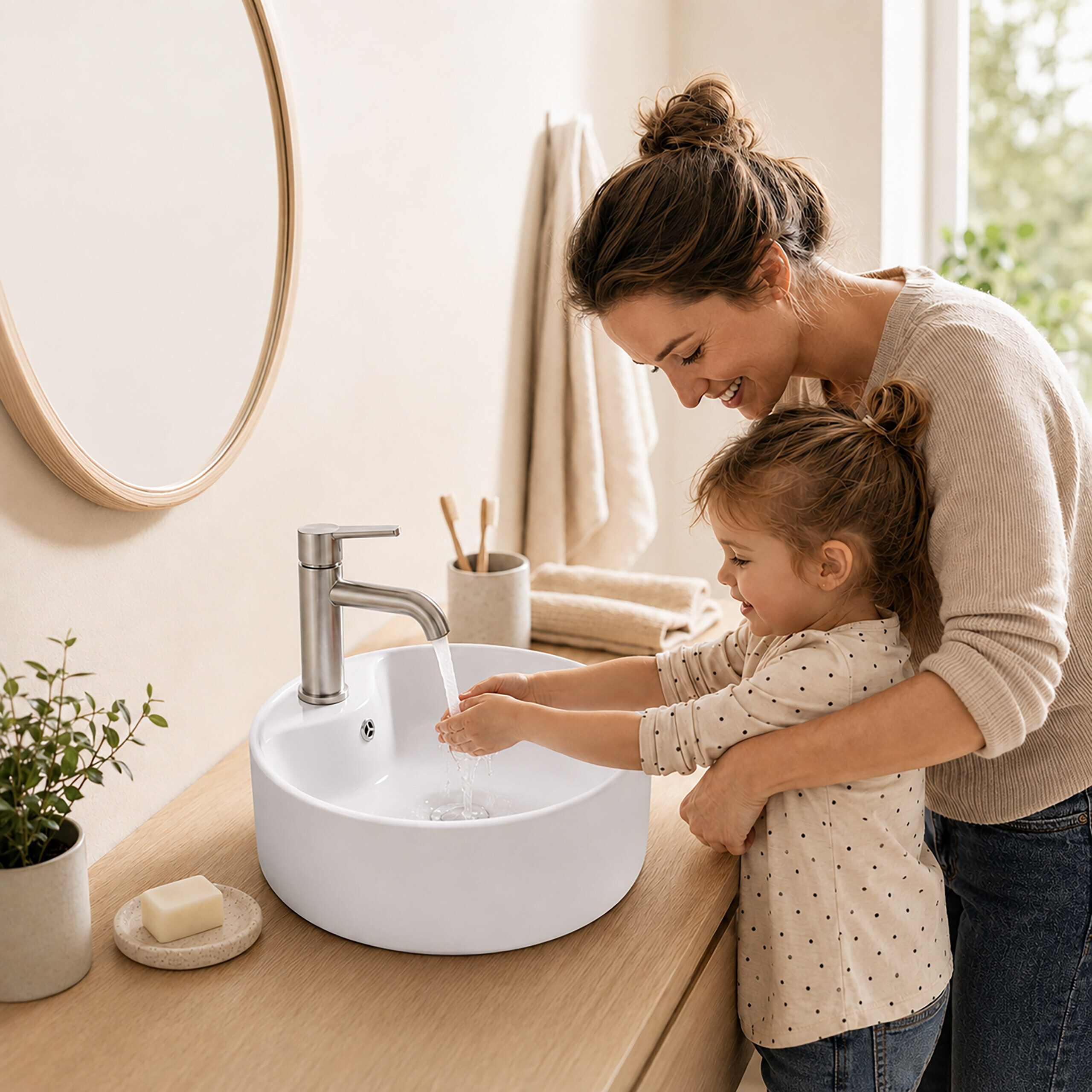 Eine Mutter hilft ihrer kleinen Tochter im hellen Badezimmer beim Händewaschen.
