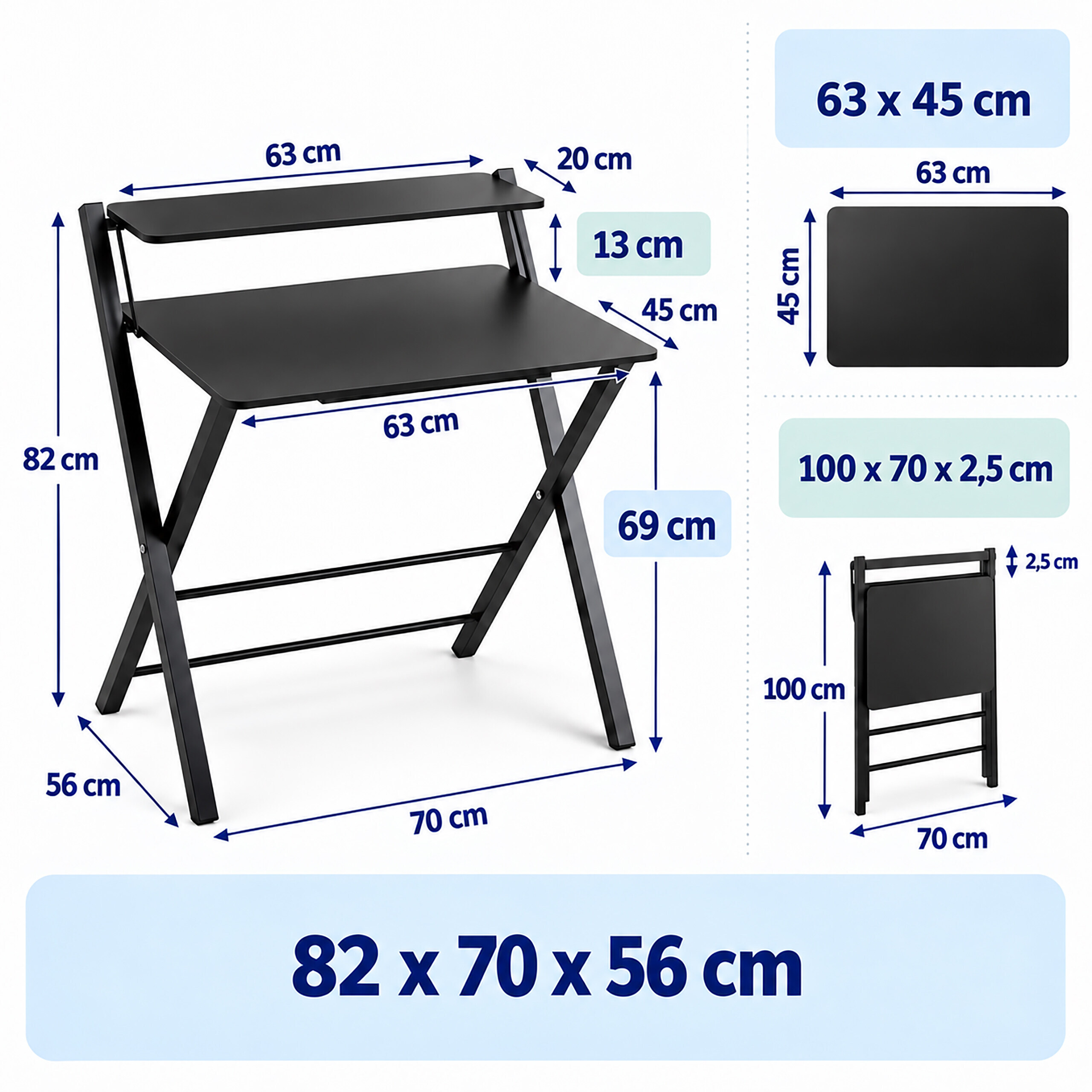 Diagramm mit Maßangaben eines schwarzen, klappbaren Schreibtisches mit zwei Ebenen.