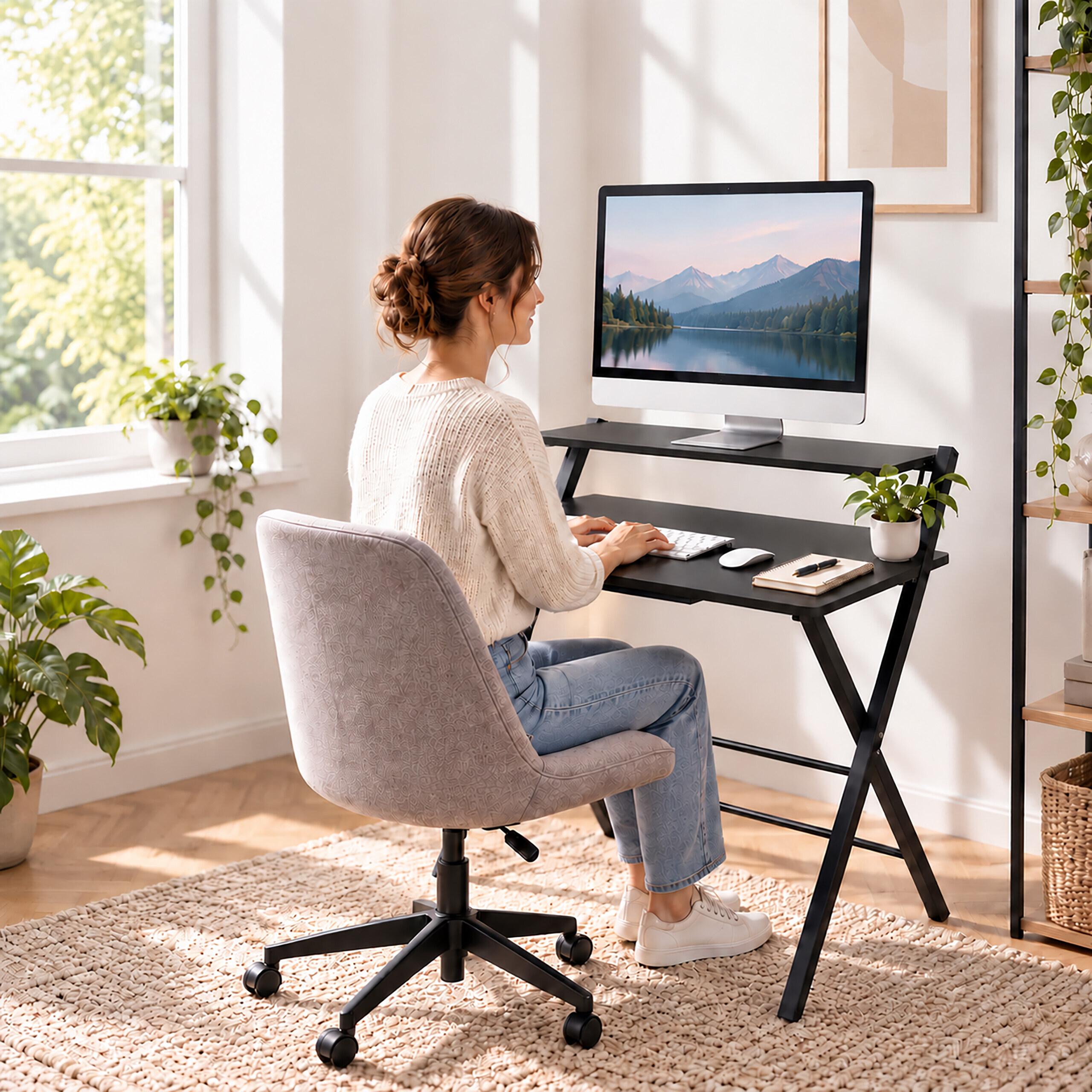 Eine Frau arbeitet an einem Computer in einem hellen Zimmer mit Zimmerpflanzen.
