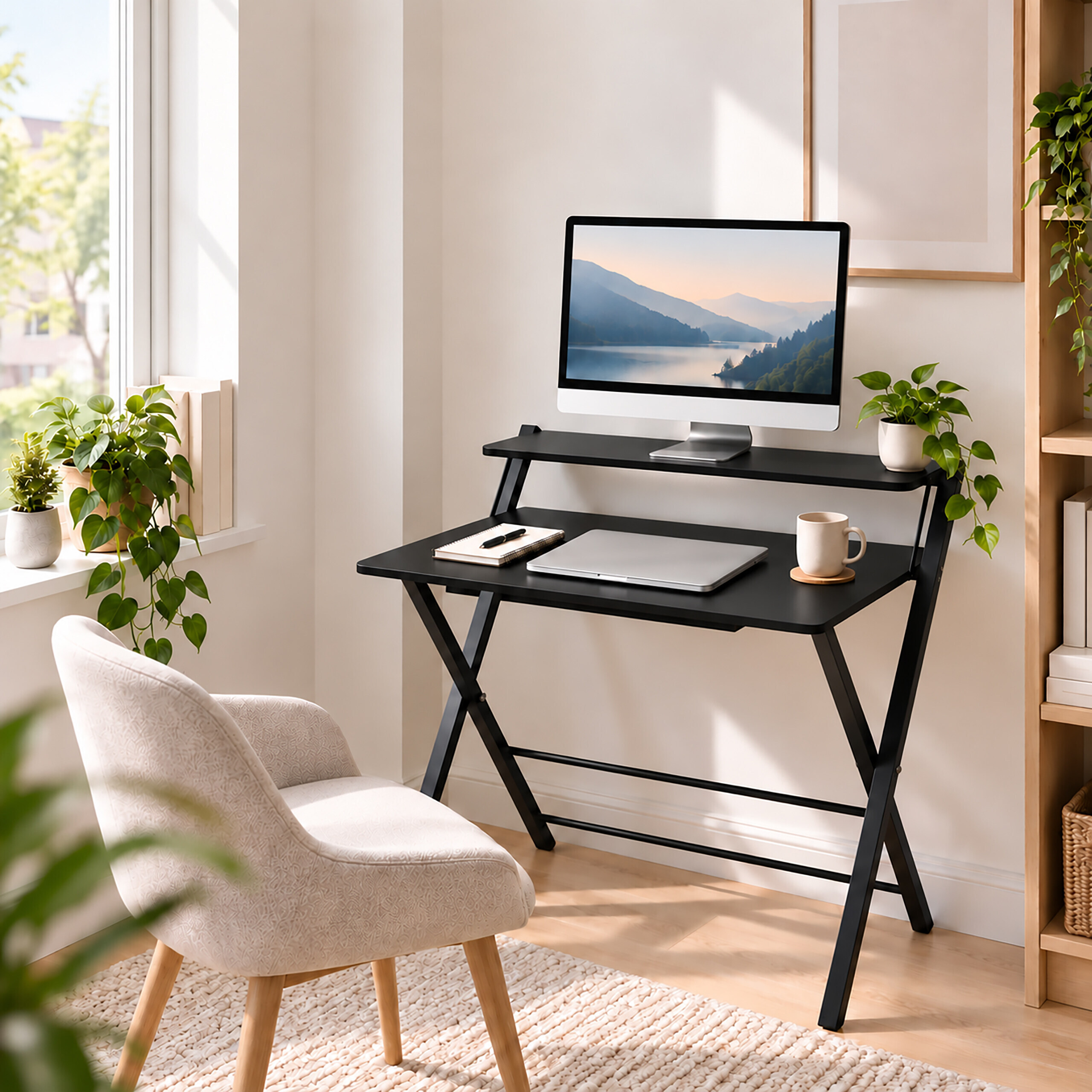 Ein heller Raum mit einem schwarzen Schreibtisch, Monitor, Laptop, Tasse und einem beigen Sessel auf einem Teppich.