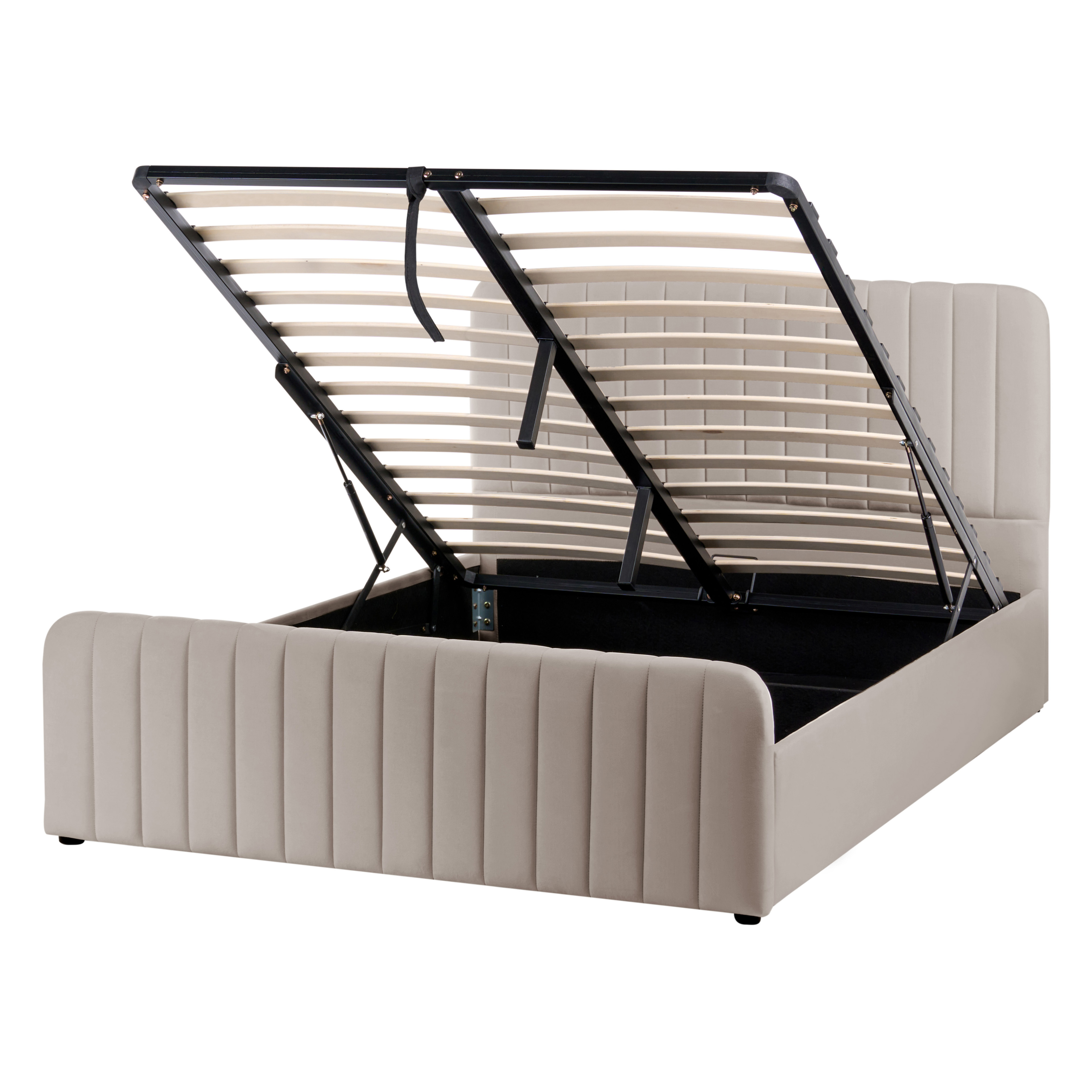 Letto contenitore beige imbottito con rete a doghe aperta e vano portaoggetti nero.