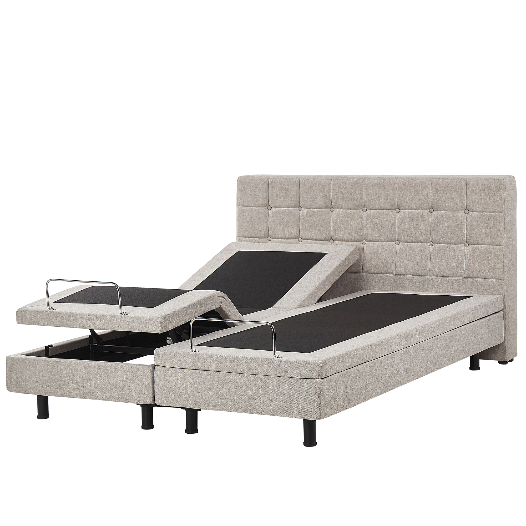 Letto imbottito regolabile beige con base divisa su sfondo bianco.